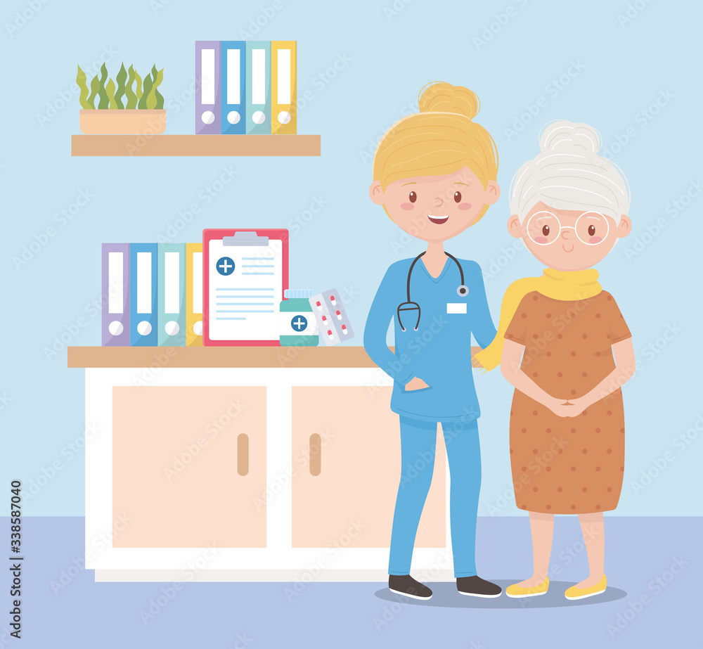 nurse and grandmother in consultation room, doctors and elderly people nurse and grandmother in consultation room, doctors and elderly people
