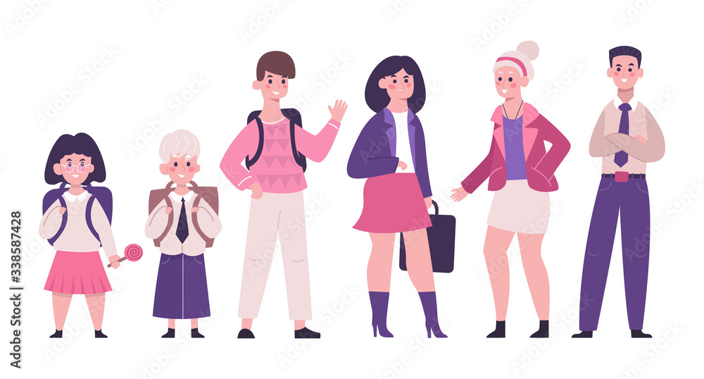 Set of pupils and students standing in different poses with all studying equipment. Cheerful school students, kindergarten pupils cartoon characters. Flat vector illustration