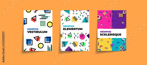 Set of memphis style posters. Abstract elements set. Memphis style card, cover design set. Geometric happy colorful Memphis neo, Modern Pattern Concept Vector. Hipster poster, juicy, bright color.