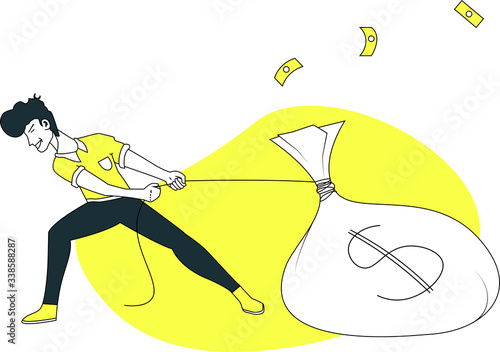 Man pulling a bag of money flat vector illustration concept 