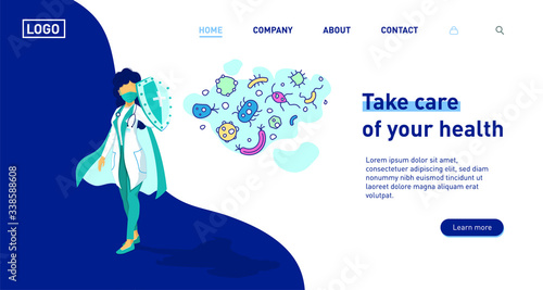 Woman doctor hero with mask, shield and cape fighting Corona virus symptoms. Landing page, website, template. Female nurse with shield. Doctor wearing mask fighting COVID-19 symptoms concept. 