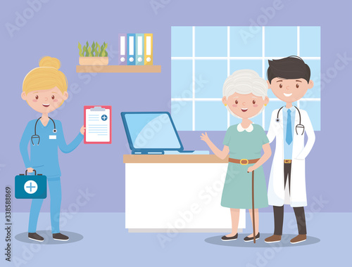physician nurse and grandma with medical report, doctors and elderly people