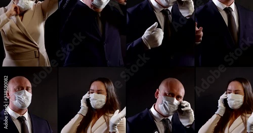 Collage of people in masks, collagen virus mask on the face, wearing face protection in the prevention of cavid 19 coronavirus. Work at home in quarantine photo