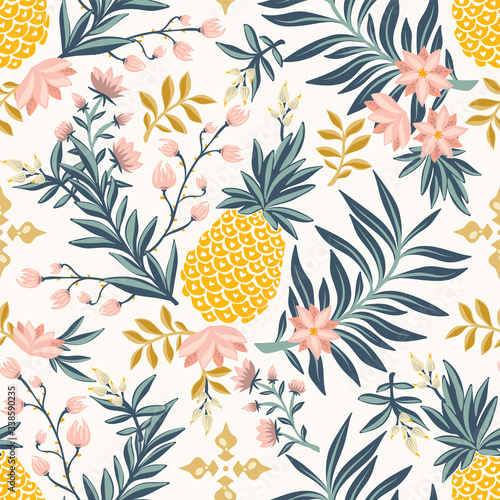 Tropical vintage seamless pattern with pineapple - vector luxury background
