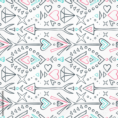 Seamless pattern with arrows, diamonds, hearts, geometric elements