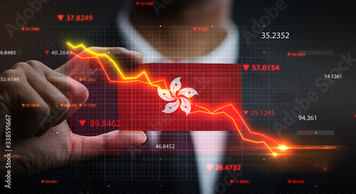 Canvas Print Graph Falling Down in Front Of Hong Kong Flag. Crisis Concept