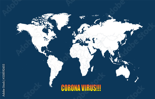 White World map borders on blue background with text Corona virus.