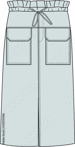 SKIRT, Fashion Flat Sketch, apparel template.PAPERBAG SKIRT