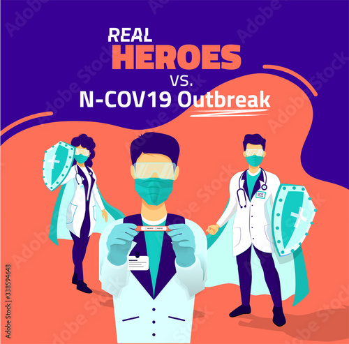 Heroes doctors squad fighting corona virus symptoms. Doctors heroes vector artwork. Doctors wearing mask fighting COVID-19 symptoms concept. Anti virus poste. Digital creative vector illustration art.