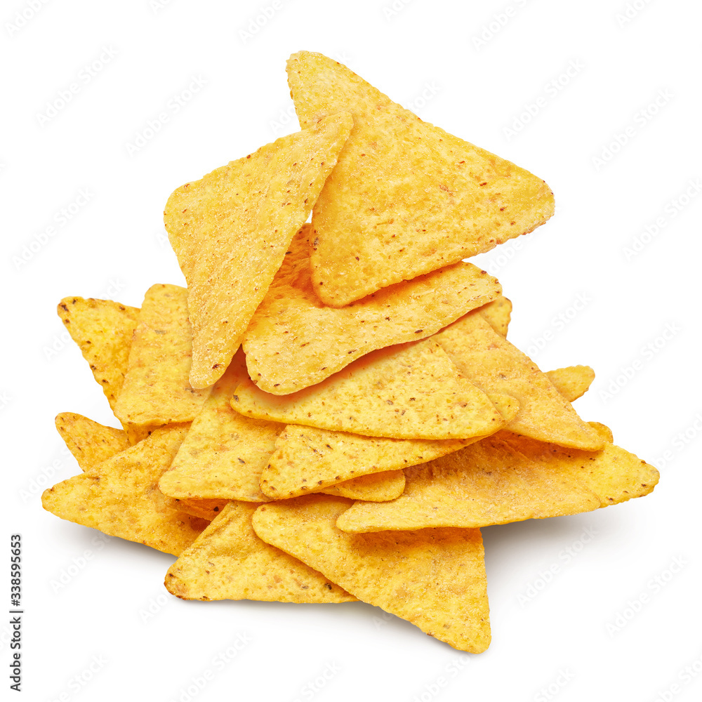 Delicious mexican nachos chips, isolated on white background Delicious mexican nachos chips, isolated on white background