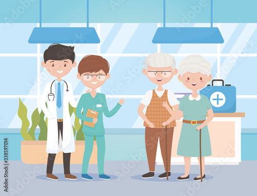 physician nurse and grandparents hosptial, doctors and elderly people