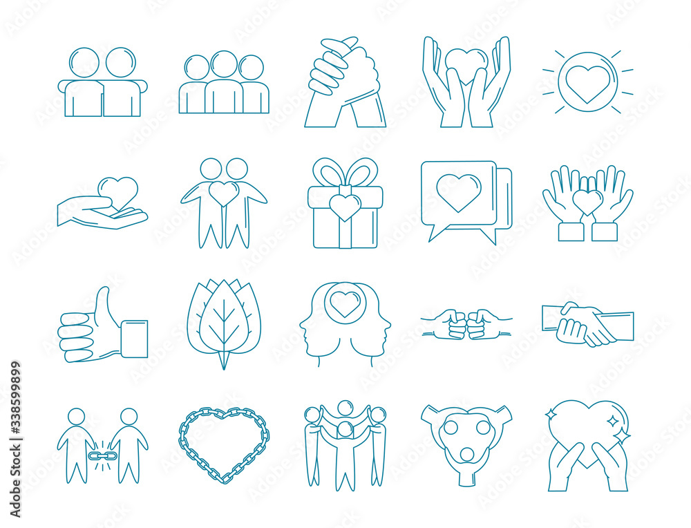 Naklejka premium happy friendship day celebration love relationship support team icons set line style