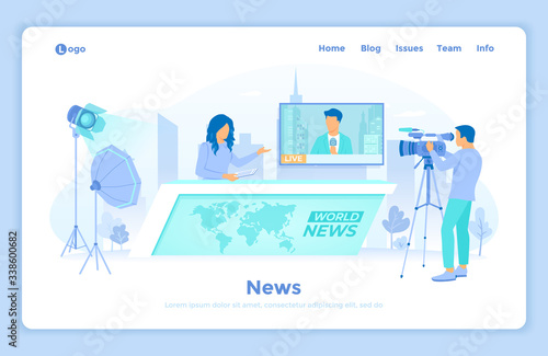 Breaking world news, TV show. News studio room with woman newscaster, journalist on a tv screen, cameraman and video lighting kits. landing web page design template decorated with people characters