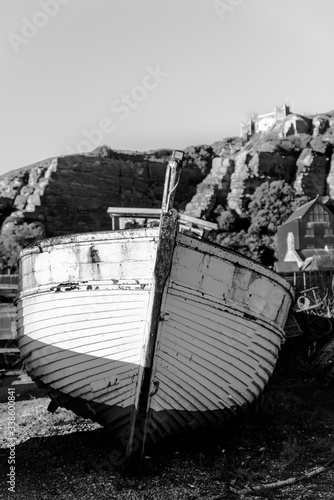 fishing boat on the beach,spring sunset , black and white