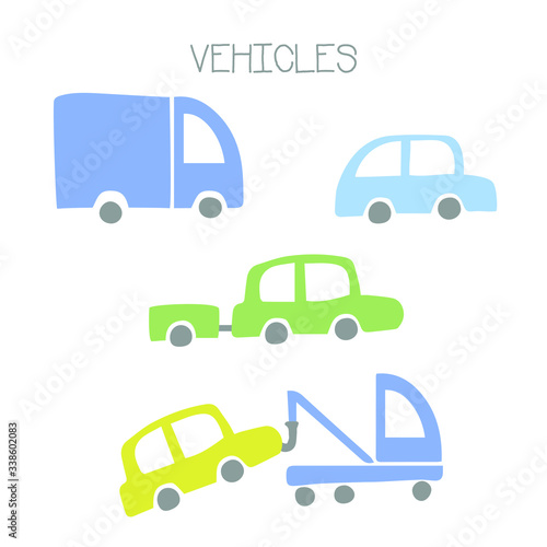 Collection of vehicles. Doodle Scandinavian style. White background. Vector illustration. 