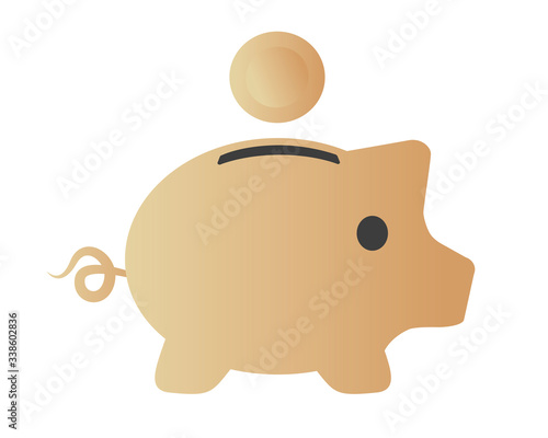 Piggy bank. Golden money box with falling gold coin. Saving money in coin box. Save and invest concept. Vector illustration isolated on white.