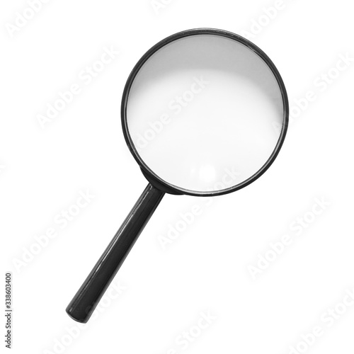 Black magnifying glass isolated on a white background.