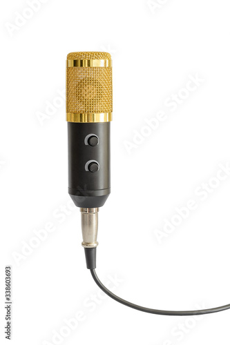 The black yellow microphone with the wire isolated on a white background. Copy space for text