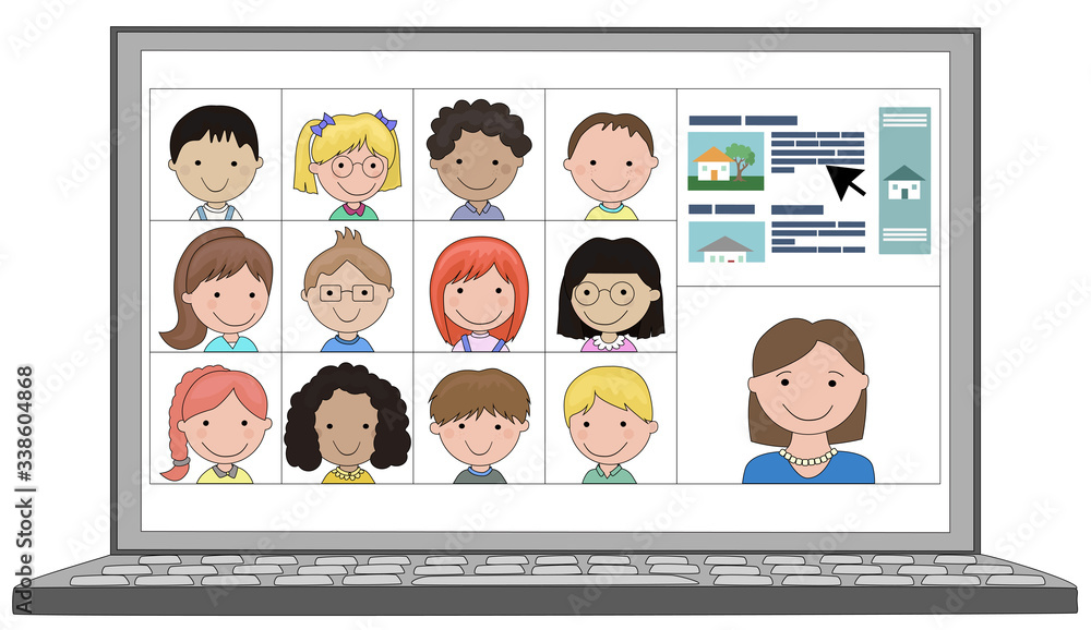 Multi ethnic Class of children distance learn online remotely with teacher Multi ethnic Class of children distance learn online remotely with teacher
