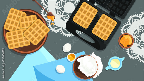 Modern cover with waffle maker for web banner design. Cooking belgian waffles  illustration isolated on white background. Flying Waffle iron with copy 