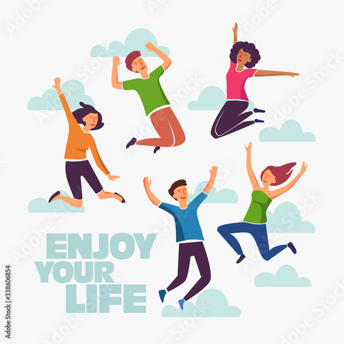 Group of young people jumping on white background with copy space. Stylish modern vector illustration with happy male and female teenagers Party, sport, dance and friendship team concept