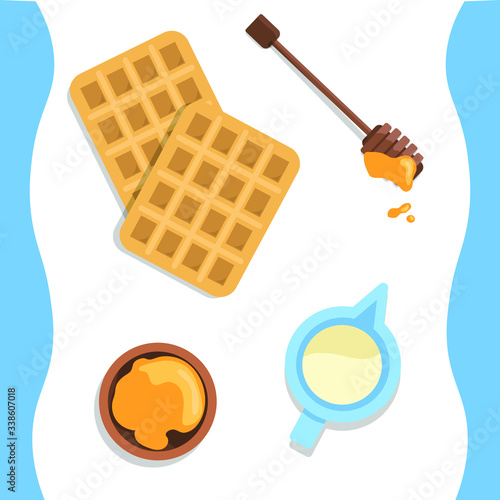 Modern cover with waffle maker for web banner design. Cooking belgian waffles  illustration isolated on white background. Flying Waffle iron with copy 