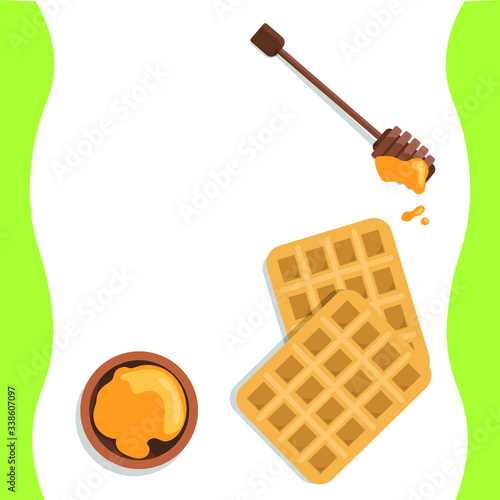 Modern cover with waffle maker for web banner design. Cooking belgian waffles  illustration isolated on white background. Flying Waffle iron with copy 