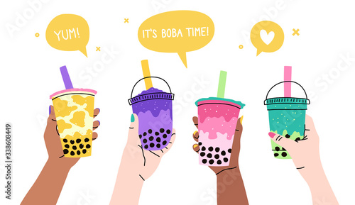 Set of four hands holding colorful bubble tea cups. Sweet boba tea, a popular Taiwanese drink, with speech bubbles above. 