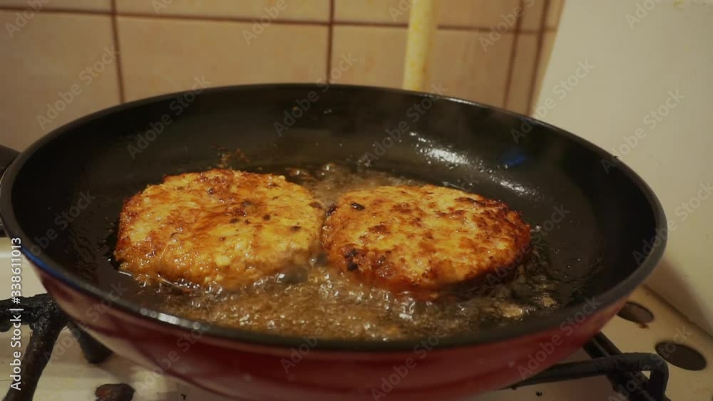 appetizing cutlets close up fried in a frying pan appetizing cutlets close up fried in a frying pan