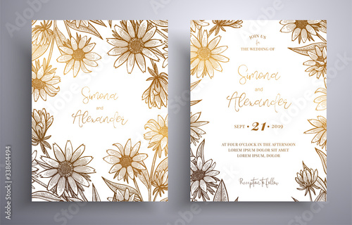 Golden invitation with frame of leaves and flowers. Botanical template with space for your text. Beautiful cards that can be used for design cover, invitation, greeting cards, brochure and etc