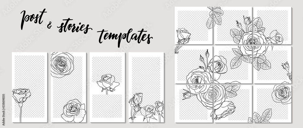 Trendy template for social networks stories and posts line contour roses, vector illustration. Design backgrounds for social media. Mockup for personal blog or shop - obrazy, fototapety, plakaty 