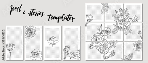 Trendy template for social networks stories and posts line contour roses, vector illustration. Design backgrounds for social media. Mockup for personal blog or shop