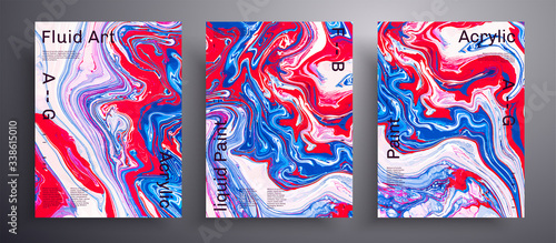 Abstract vector placard, collection of modern fluid art covers. Trendy background that can be used for design cover, invitation, flyer and etc. Red, blue and white unusual creative surface template