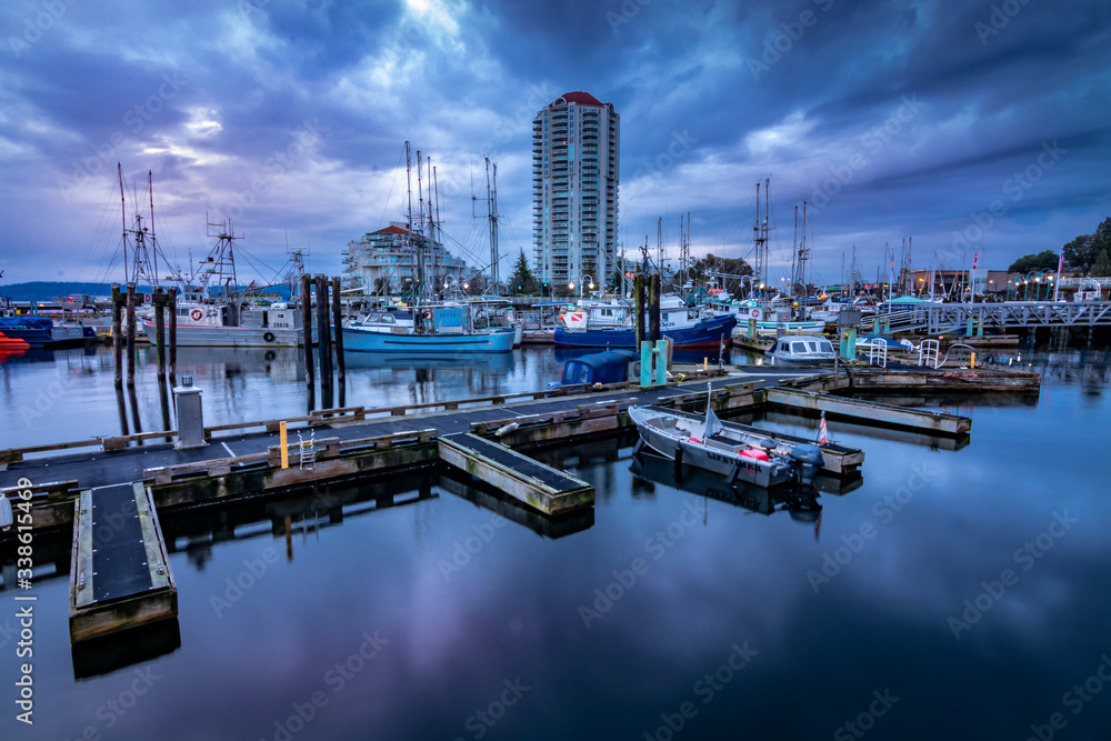 Blue hour with boats in Nanaimo harbour.
