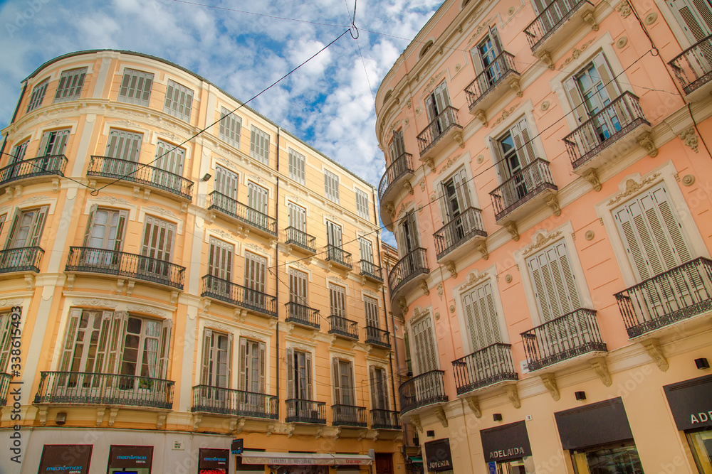 Malaga, Spain-May 16, 2019: Malaga historic city center and old town streets near CentralMalaga Cathedral