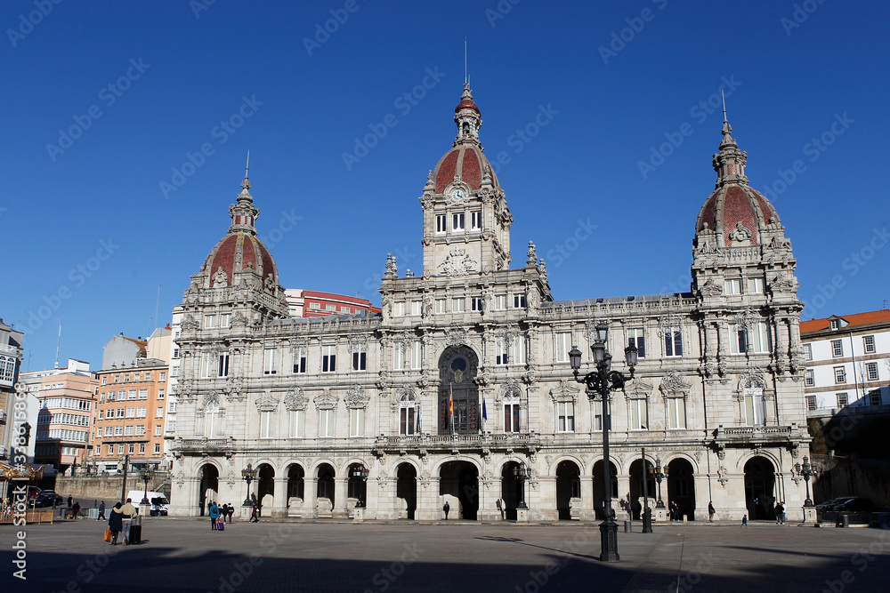 Municipal palace headquarters of the town hall of La Coruña located in the Maria Pita square on January 7, 2020