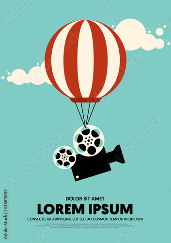 Movie and film poster design template background with vintage film camera and air balloon