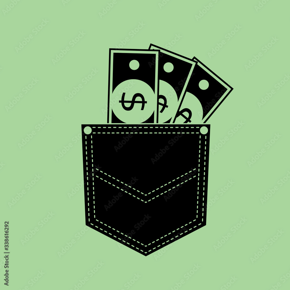 Money in the pocket flat icon vector illustration isolated on green background Money in the pocket flat icon vector illustration isolated on green background