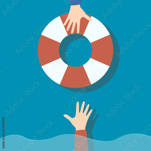 Support for colleague, giving him a lifebuoy. Metaphor of teamwork, cooperation, helping hand. Vector illustration isolated on white background	
