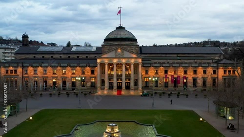 Aerial Flight over Kurhaus Wiesbaden - German Palace at Dusk flyover photo