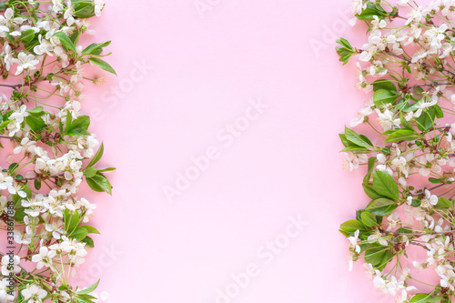 Frame border of blooming cherry branches on pastel pink background. Happy Mother's Day, Birthday or other holiday greeting card. Floral botanical spring background. Flat lay, top view, copy space. © Candle photo