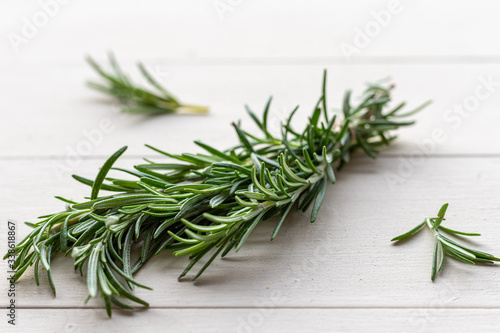 Rosemary Sprigs Isolated on White Wood Background (Side View)
