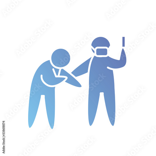 pictogram doctor with mouth mask and syringe and sick man standing, gradient style
