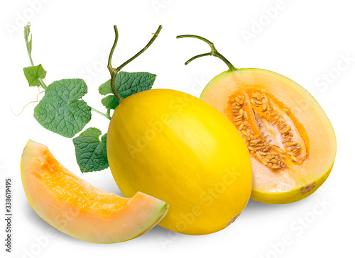 Yellow cantaloupe melon isolated on white background, Golden melon fruit on White With clipping path.
