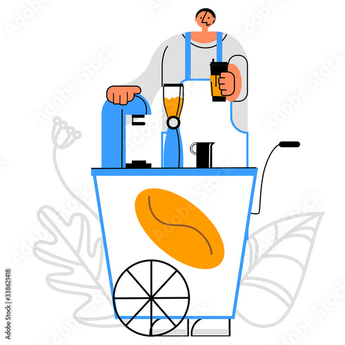 Vector flat illustration of coffee vendor standing behind mobile street counter. Concept food truck. It can be used in web design, advertising, banners, etc.