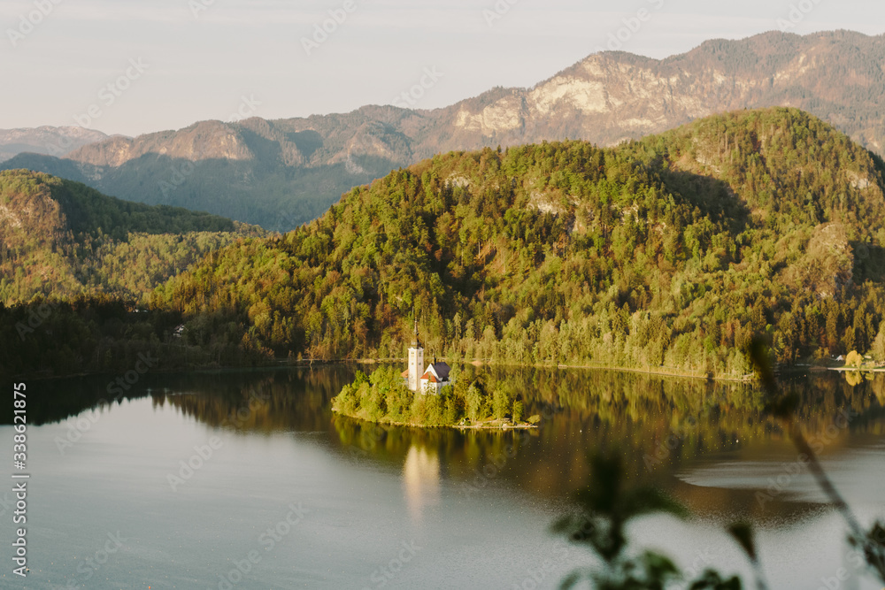 Fototapeta premium Lake Bled Slovenia island view. Panorama view on Lake Bled