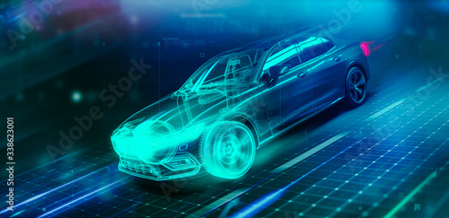 High speed futuristic sports car wireframe intersection in motion (3D Illustration)
