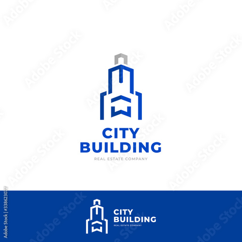 Urban Real Estate company logo branding with big skyscraper building and letter M or W icon