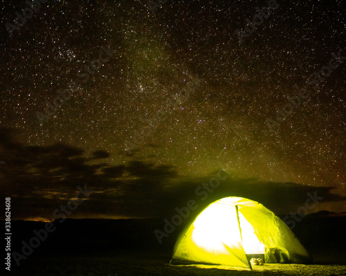 Tent camping under starry sky, Moab Utah