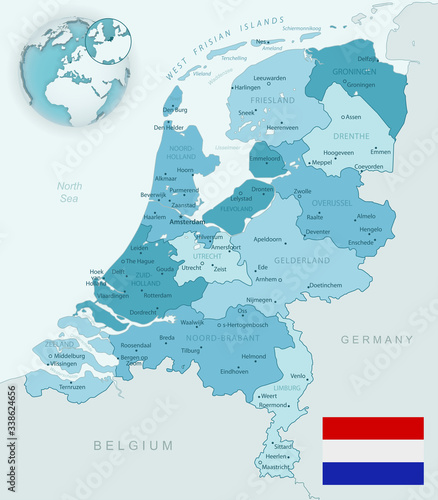 Blue-green detailed map of Netherlands and administrative divisions with country flag and location on the globe.